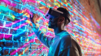 A man using AR glasses to paint colorful patterns in the air adding layers of dimension to a plain...