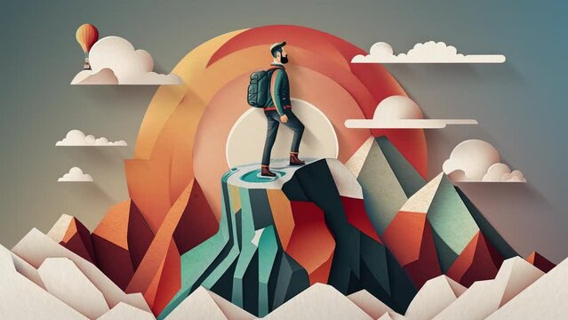 A man standing on top of a mountain with a backpack on his back and a rainbow in the background inspired liam brazier adventure adventure