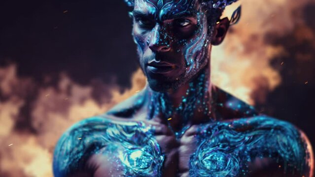 A man with blue paint on his body and face and chest with a demon like head and shoulders enraged epic fantasy character art temperance particles