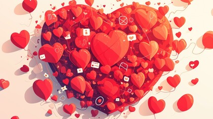 Illustration of a red heart surrounded by speech balloons embodying the concept of online dating in a dynamic cartoon 2d graphic