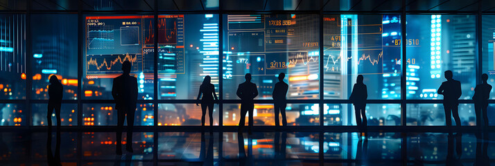 A group of business people standing in front of an abstract digital cityscape, with glowing data streams and financial charts floating around them i the style of dark skyblue and light black.