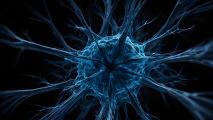 An aesthetically arresting abstract picture with a deep black background that resembles a neuron structure erupting in blue hues