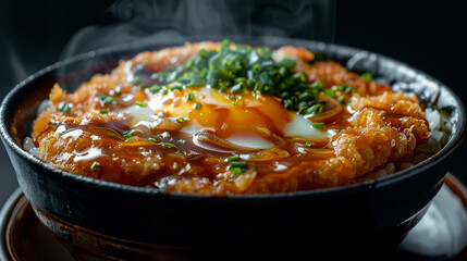 An image of a steaming bowl of Japanese katsudon sits on a plain black background. 