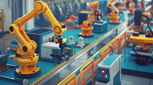An automotive plant where robots are equipped with predictive maintenance capabilities alerting technicians when maintenance is needed reducing costly delays in production. - Powered by Adobe