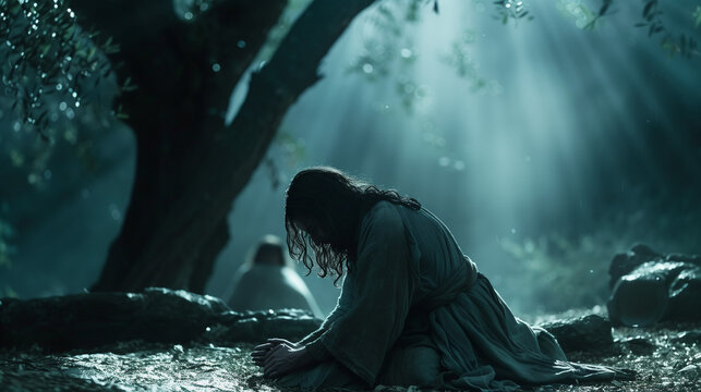 Jesus praying in the Garden of Gethsemane, kneeling with a sorrowful expression as he seeks strength for the trials ahead. The scene is set in a quiet, moonlit garden with olive trees casting long 
