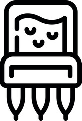 Black and white illustration of a whimsical chair with rocket legs and a happy face