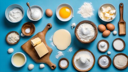 Bakery ingredients on table. Sweet pastry baking concept. Flat lay, top view.
