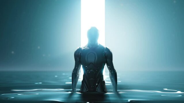 A Cyborg Man Standing In The Water With A Light Beam In The Background Artificial Intelligence