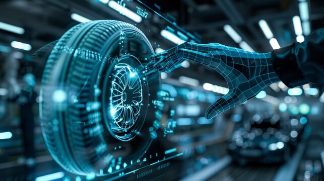 A hologram of a tire being changed with virtual hands demonstrating the proper technique and different tools appearing to aid in the process.