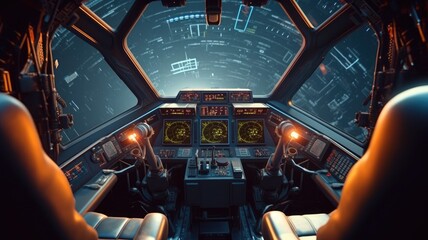Futuristic spaceship cockpit interior with a view of space station and stars. A large spaceship...