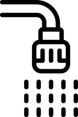 Black and white line art icon of a modern shower head with water droplets