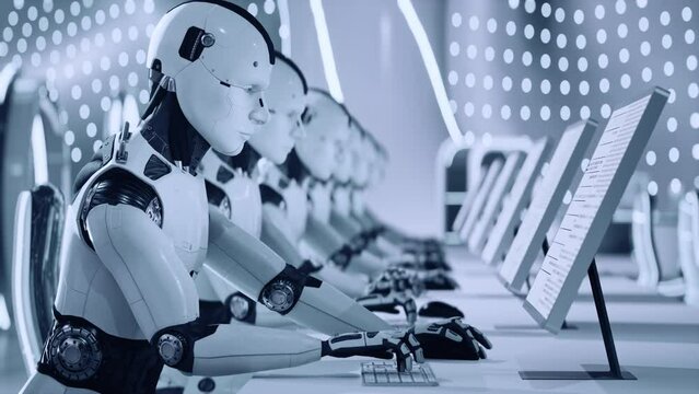 Robotic Workforce Typing in Futuristic Office AI in Business Operations