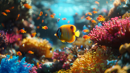 Fototapeta premium Colorful marine life in an aquarium and coral reef underwater