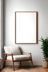 Interior poster mockup with vertical wooden frame in home interior background.

