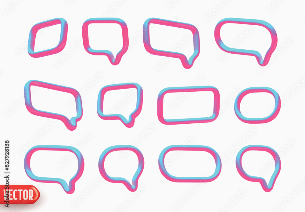 Poster speech bubbles. minimal set of chat dialog bubble line icons and metallic holographic gradient color