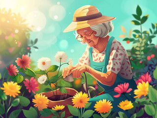 A close-up of a joyful grandmother gardening, detailed flowers and plants, bright sunlight, high-detail, showcasing her contentment and connection with nature