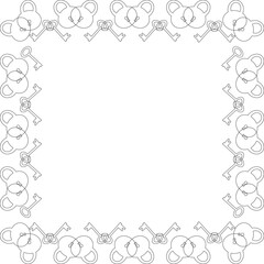 Black and white square frame of keys and locks on a white background