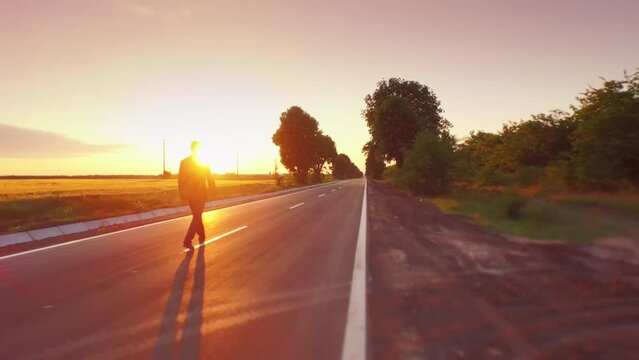 Way Road Asphalt Straight Business Sunset Success Man Businessman Street Work Sky Job Travel Career Future Nature Walk Path Outdoor Sunrise  Aerial UHD 4K