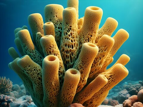 bright image of a yellow sponge animal colony around sand and coral reefs in the sea bottom