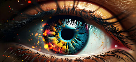 a colorful eye with a colorful paint splatter. Human eye close up with colorful paint. Created with Generative AI technology