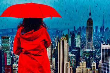 雨の日の都会と赤いレインコート