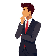  a realistic young businessman standing in a side view pose, deep in thought while holding the hand to his chin