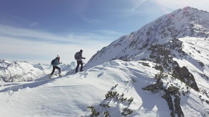 Climbers Walking Up Mountain Expedition Aerial Flight Epic Mountain Range Climb To Success Beautiful Peak Winter Vacation Exploration Adventure Hiking Tourism Concept