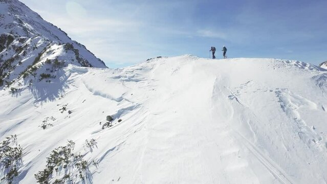 Man Woman Climbers Walking Up Winter Snow Mountain Slope Climbing Toward Peak Success Pursuit Challenge Exploration Everest Expedition Concept
