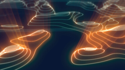 Yellow orange looped futuristic hi-tech landscape with mountains and canyons from glowing energy circles and magic lines. Abstract background