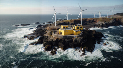 Wind turbines standing in a middle of the peninsula. Wind farm at sea.

