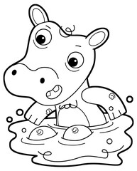 Fototapeta premium cartoon scene with happy and funny young hippo hippopotamus like kindergarten kid or child having fun isolated background illustration sketchbook drawing sketch