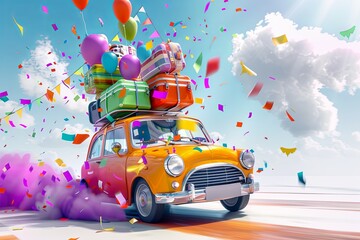 Voiture vintage avec bagages et ballons en fête sur la route