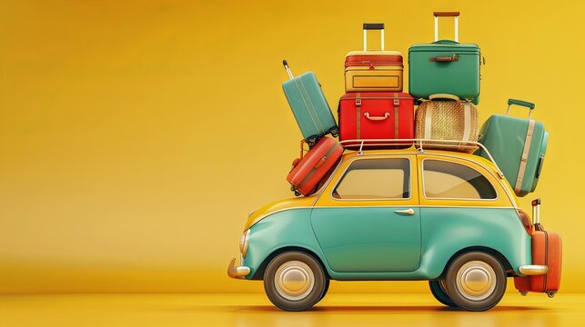 Voiture vintage turquoise avec bagages sur fond jaune
