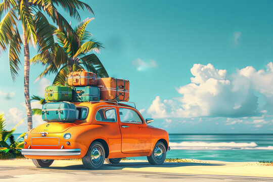 Voiture vintage orange avec bagages sur plage ensoleill&eacute;e