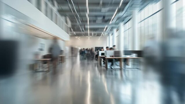 Blurred in motion diverse team of business people in a light and modern office building, blurred animated background