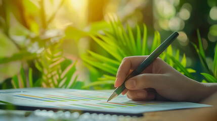 Businessman's hand using a pen to underline important ESG data on a paper chart, set against a backdrop of a green office