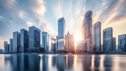 Fototapeta premium Modern City Skyline with Skyscrapers Reflecting on Waterfront at Sunset