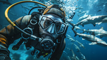 A woman in a mask explores a vibrant coral reef teeming with fish, sunlight dappling through the clear blue water