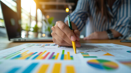 Close-up of a business leader's hand reviewing ESG data on a paper chart, with sustainable office decor in view