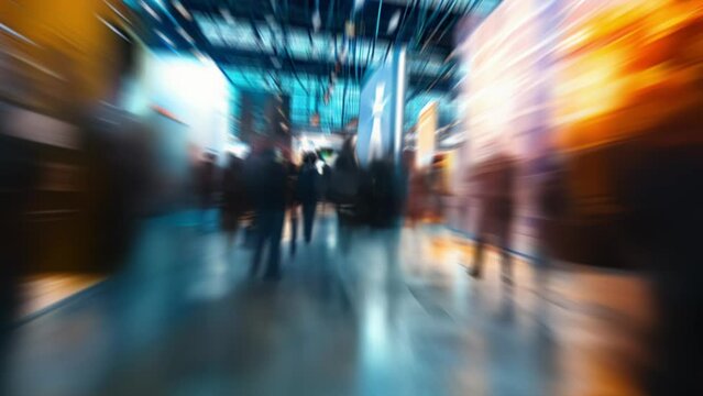 Blurred in motion diverse team of business people in a light and modern office building, exibition, blurred animated background