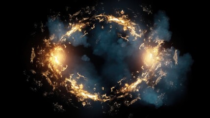 Ethereal energy explosion in celestial cloudscape. A circle magical fire portal surrounded with white smoke and dark background. Cosmic and fantasy concept with copy space. Game background. AIG35.