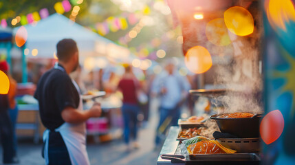 Fototapeta premium Selective focus on a food truck chef preparing a dish, with colorful festival tents and bustling crowd blurred in the background