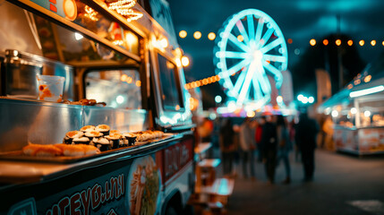 Naklejka premium Selective focus on the front of a food truck serving sushi, with a city festivalâs Ferris wheel and lights softly blurred behind