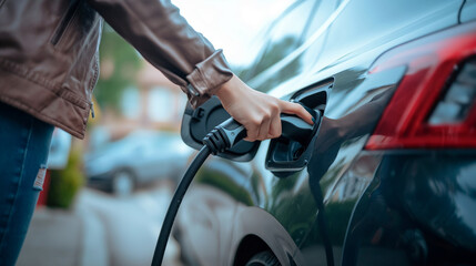 Detailed shot of a woman's hand as she plugs in the charging cable to her electric car, with the environmentally friendly ethos of the recharging station evident in the scene