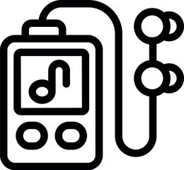 Minimalist vector illustration of portable music player icon with earphones in simple black and white line art design, perfect for modern technology and entertainment media