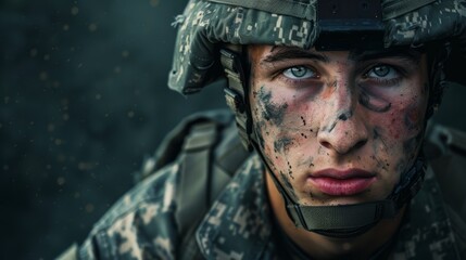Naklejka premium Male Soldier in Combat Gear with Muddy Face, Intense Battlefield Portrait