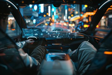 Nighttime driving scene in a luxury vehicle, highlighting the cars sophisticated dashboard and ambient lighting