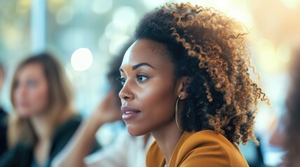 A woman is seated at a table among a group of people.