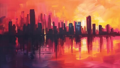 Modern City Skyline with Skyscrapers at Sunset, Abstract Urban Landscape with Silhouettes and Reflections, Vibrant Orange Sky