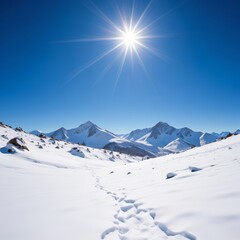 beautiful winter landscape with sunrise against the backdrop of snow capped mountains and fir trees, mountain climbing, travel, winter nature background and wallpaper